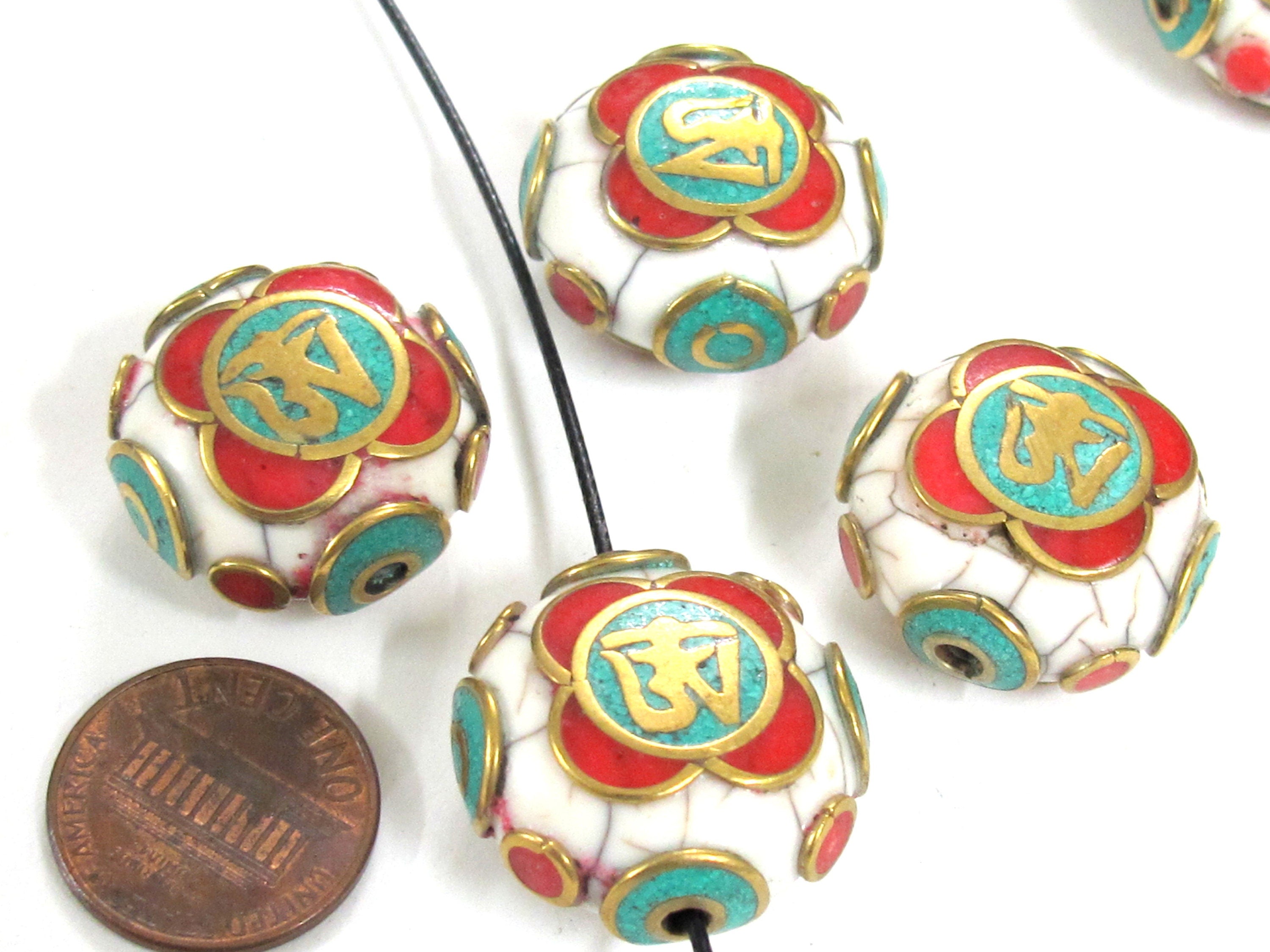 1 Bead - Tibetan Om white crackle resin reversible disc shape bead with brass , turquoise and inlay - BD828K