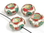 1 Bead - Tibetan Om white crackle resin reversible disc shape bead with brass , turquoise and inlay - BD828K