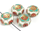1 Bead - Tibetan Om white crackle resin reversible disc shape bead with brass , turquoise and coral inlay - BD828M