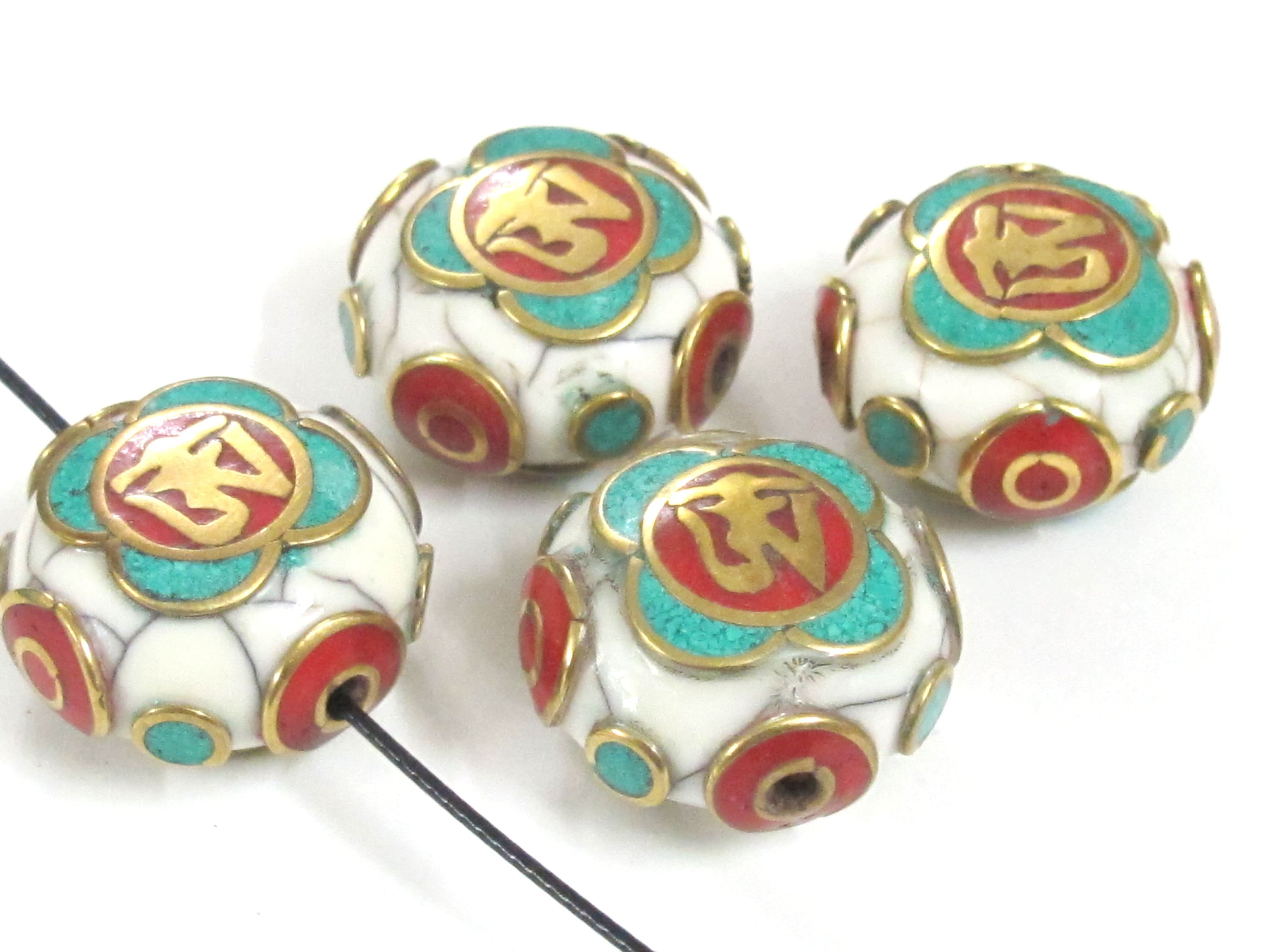 1 Bead - Tibetan Om white crackle resin reversible disc shape bead with brass , turquoise and coral inlay - BD828M