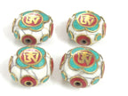 1 Bead - Tibetan Om white crackle resin reversible disc shape bead with brass , turquoise and coral inlay - BD828M