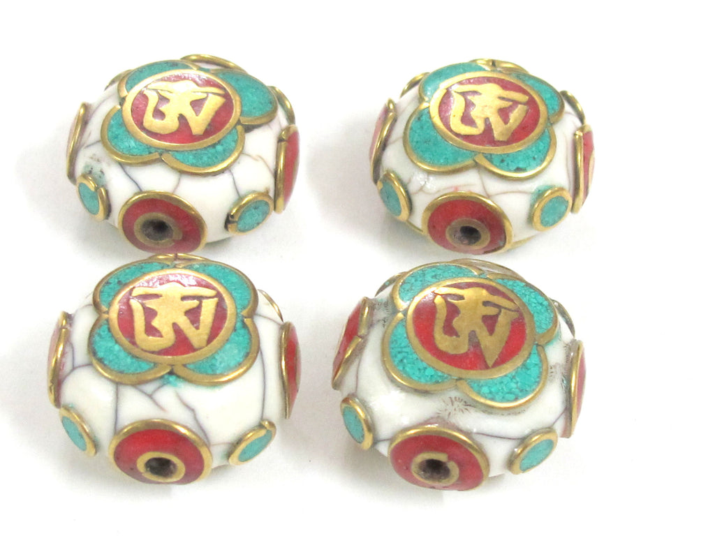 1 Bead - Tibetan Om white crackle resin reversible disc shape bead with brass , turquoise and coral inlay - BD828M