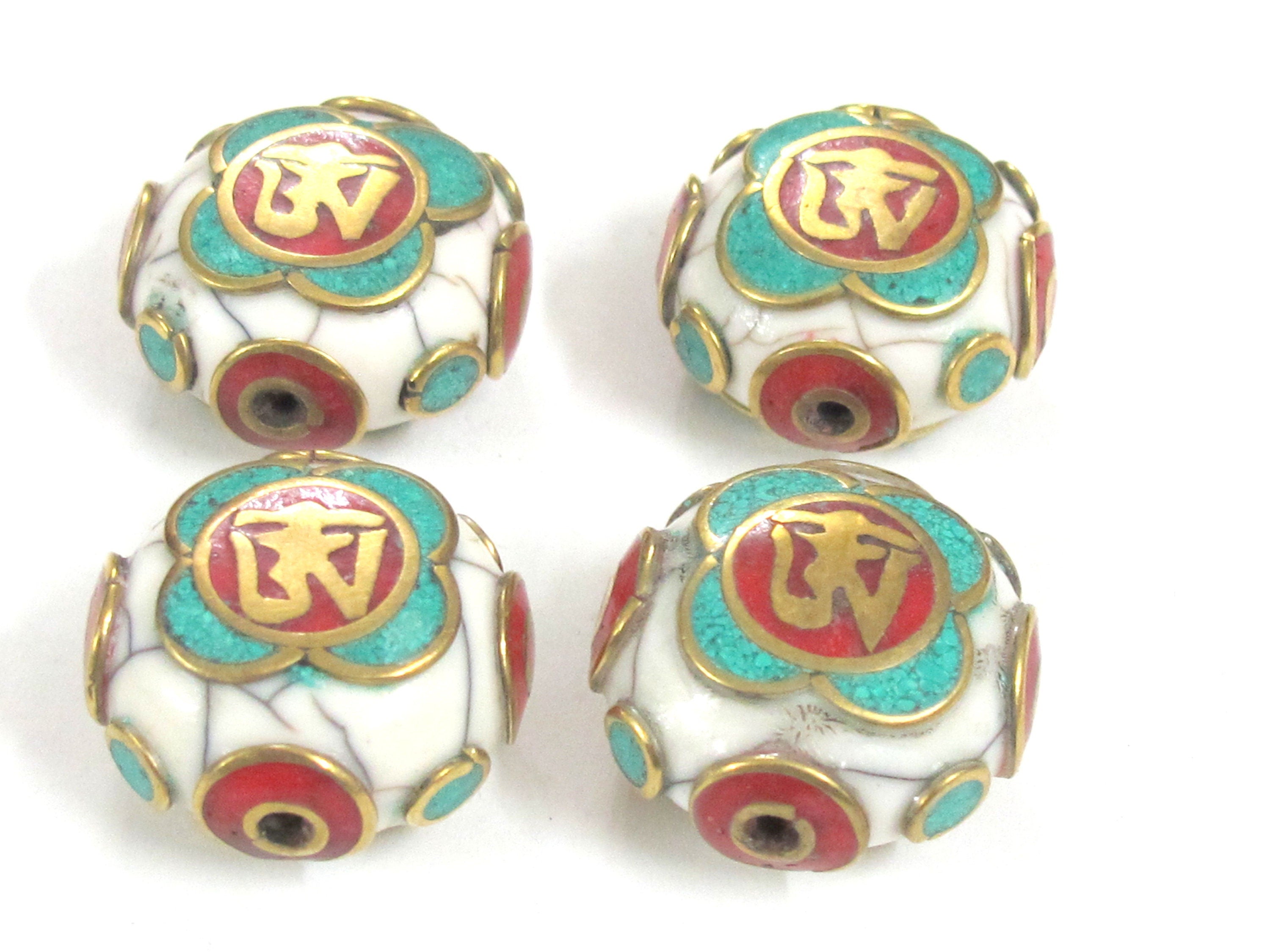 1 Bead - Tibetan Om white crackle resin reversible disc shape bead with brass , turquoise and coral inlay - BD828M