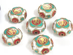 1 Bead - Tibetan Om white crackle resin reversible disc shape bead with brass , turquoise and coral inlay - BD828M