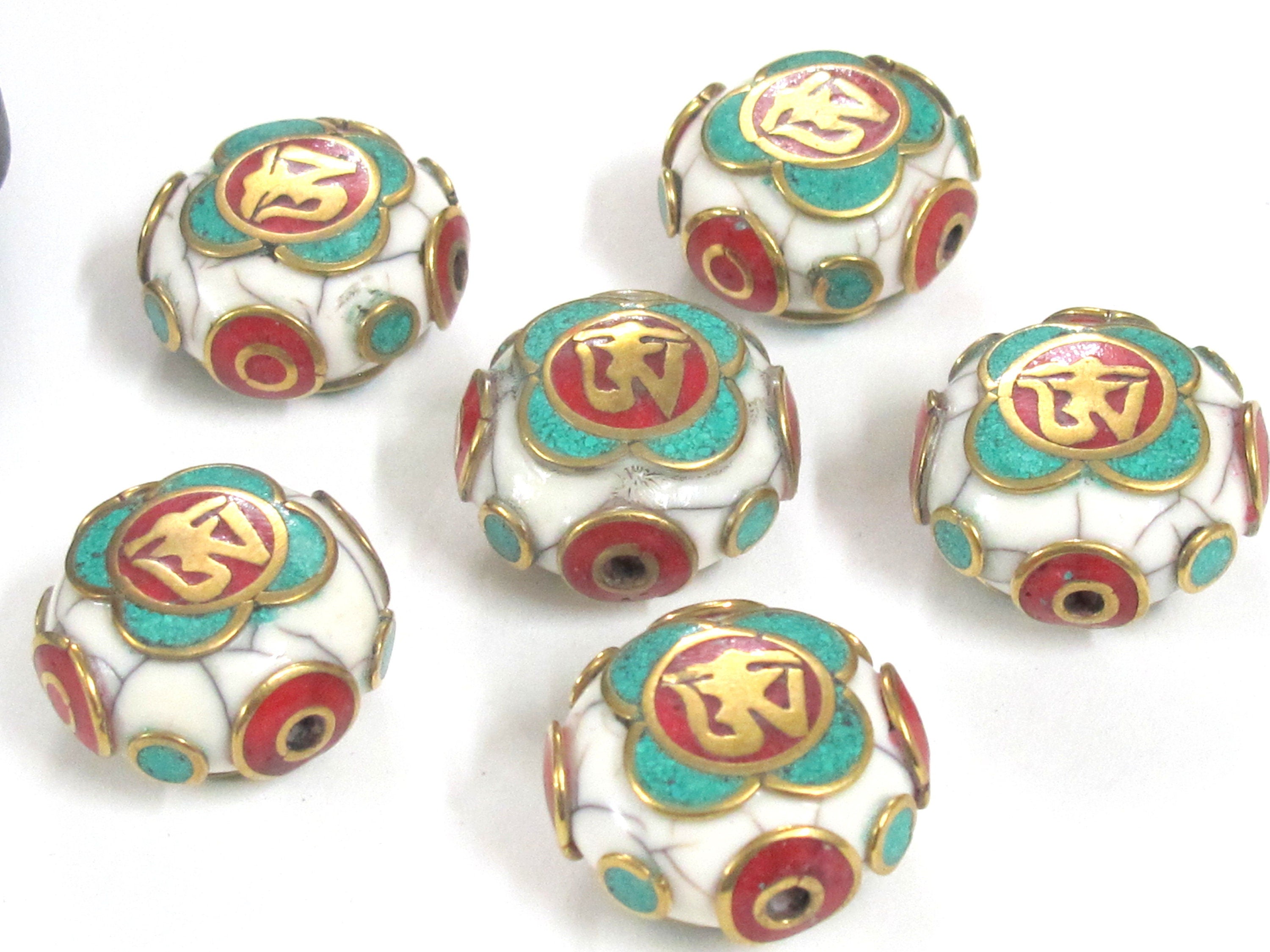1 Bead - Tibetan Om white crackle resin reversible disc shape bead with brass , turquoise and coral inlay - BD828M