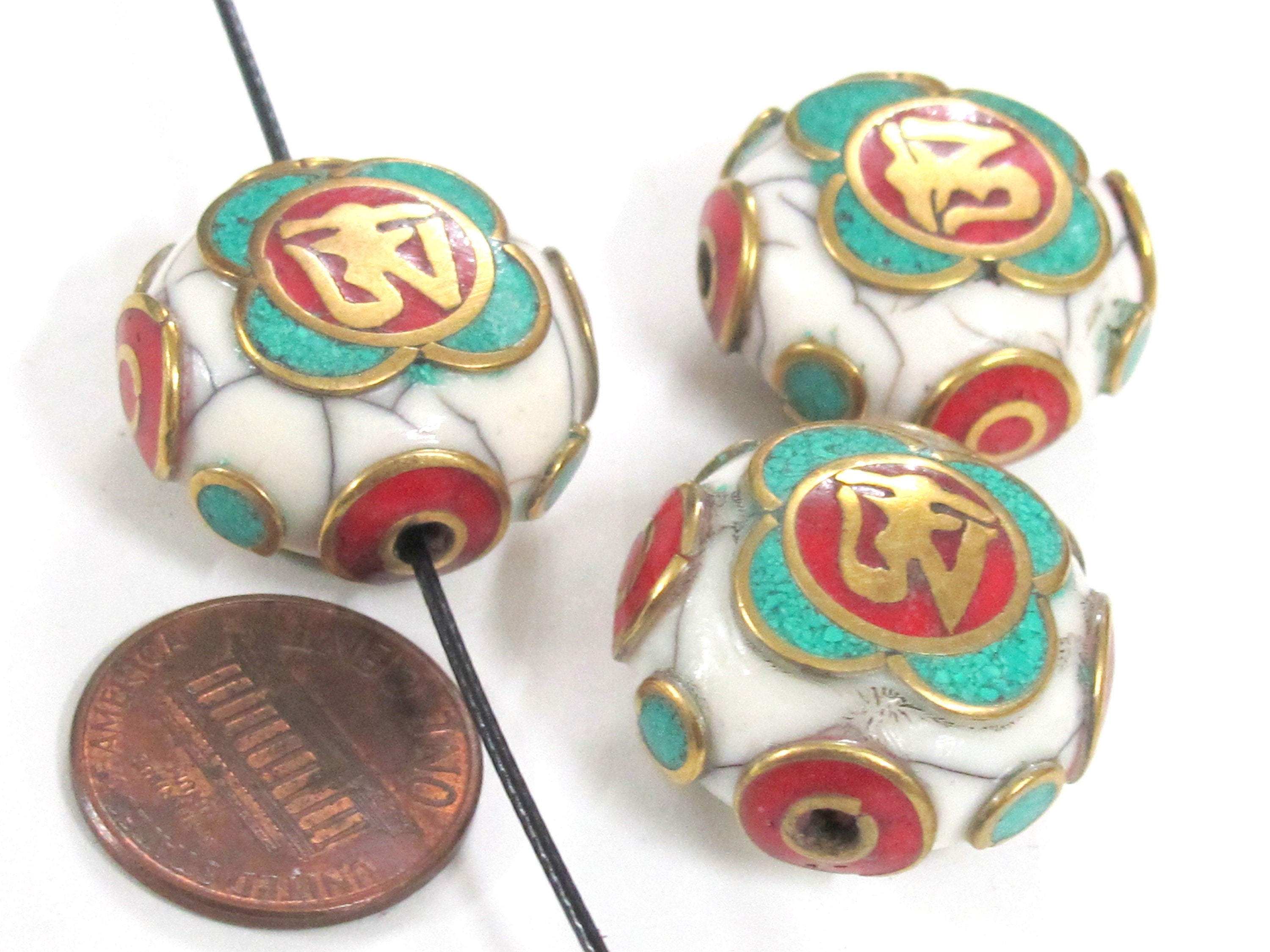 1 Bead - Tibetan Om white crackle resin reversible disc shape bead with brass , turquoise and coral inlay - BD828M