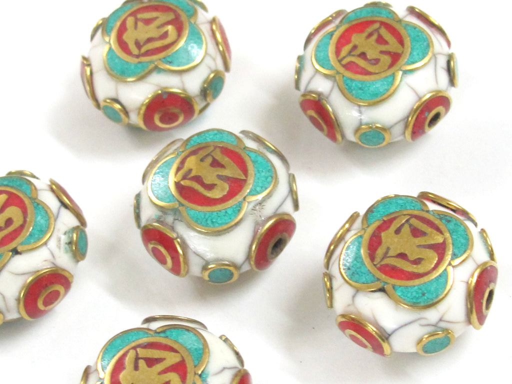 1 Bead - Tibetan Om white crackle resin reversible disc shape bead with brass , turquoise and coral inlay - BD828M