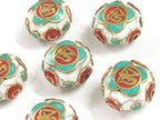 1 Bead - Tibetan Om white crackle resin reversible disc shape bead with brass , turquoise and coral inlay - BD828M