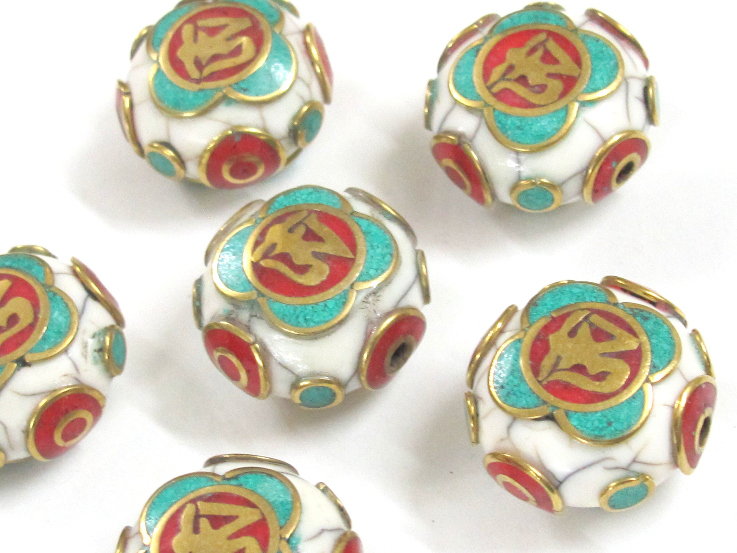 1 Bead - Tibetan Om white crackle resin reversible disc shape bead with brass , turquoise and coral inlay - BD828M
