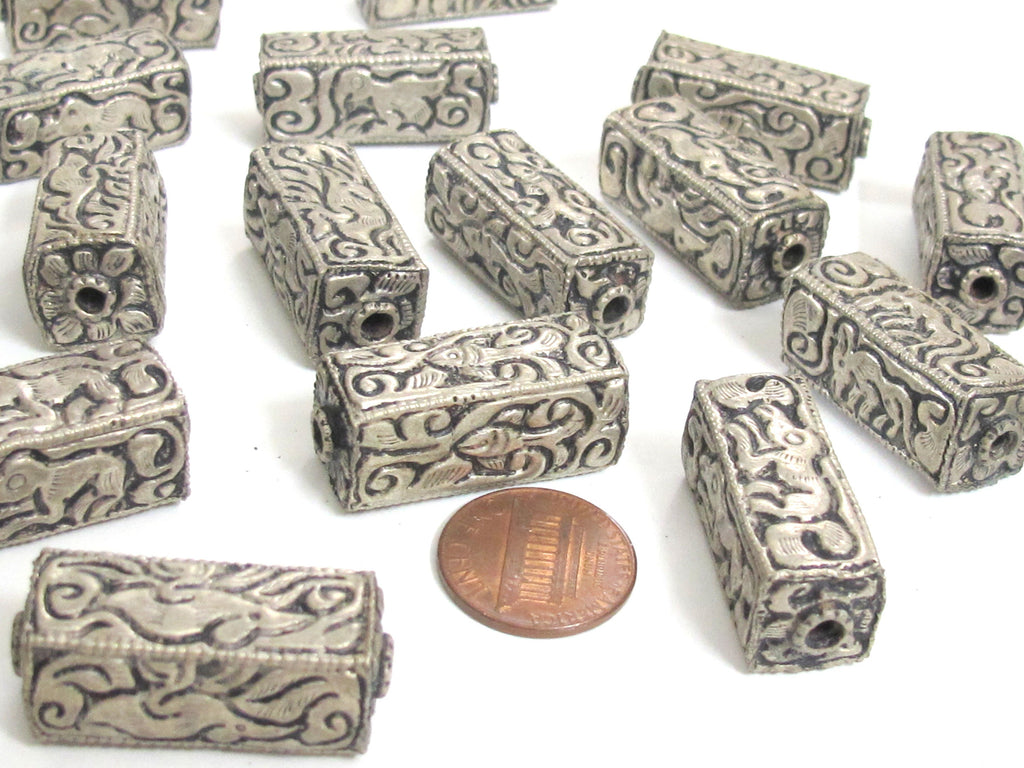 4 Beads - Tibetan antiqued silver color finish repousse animal bird floral mix carving rectangle cube shape beads - BD957K