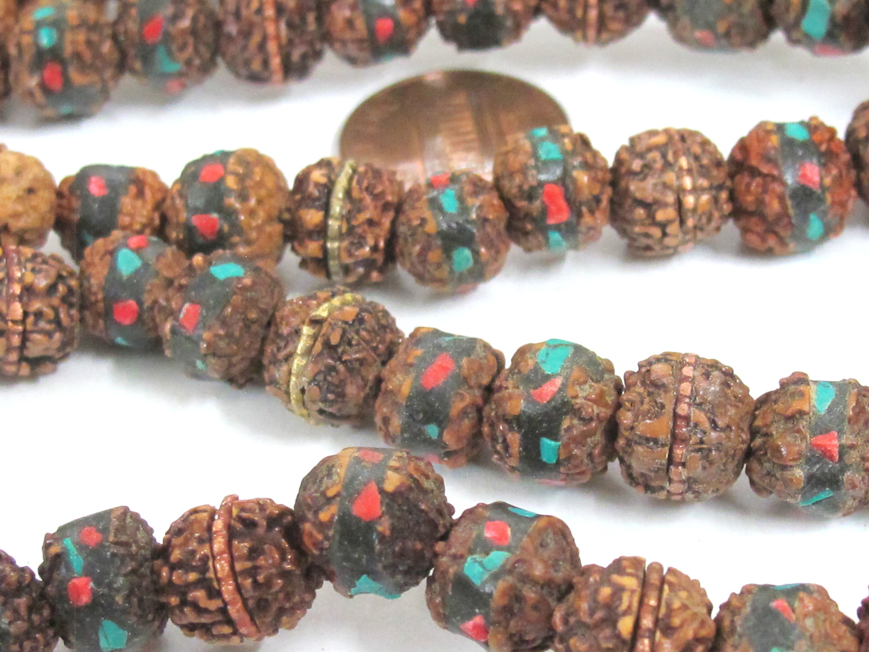 10 beads - 9-10 mm rudraksha mala beads with turquoise brass inlay - mala making supply - ML012K