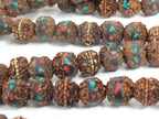 10 beads - 9-10 mm rudraksha mala beads with turquoise brass inlay - mala making supply - ML012K