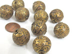 1 Bead - Large size 19 - 20 mm Tibetan brass floral repousse antiqued golden tone beads from Nepal - BD907Mz