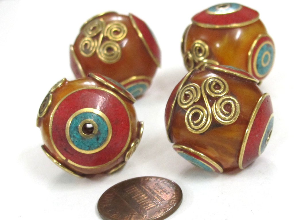 2 Beads - Beautiful Tibetan copal resin bead with brass , turquoise and coral inlay spiral coil floral design - BD835K