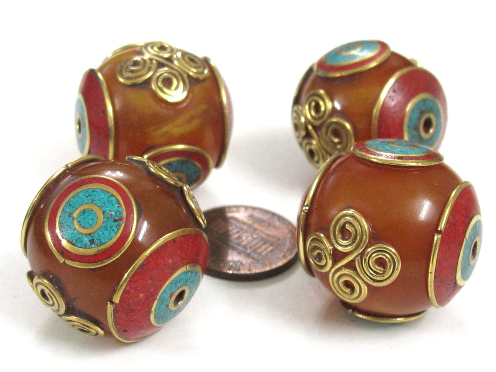 2 Beads - Beautiful Tibetan copal resin bead with brass , turquoise and coral inlay spiral coil floral design - BD835K