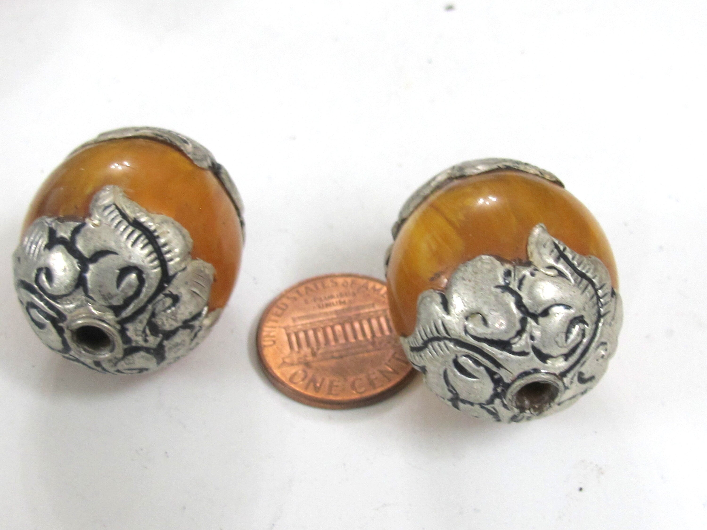 1 Bead - Tibetan copal resin silver color capped floral design bead Nepal beads large size - BD720K