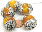 1 Bead - Tibetan copal resin silver color capped floral design bead Nepal beads large size - BD720K