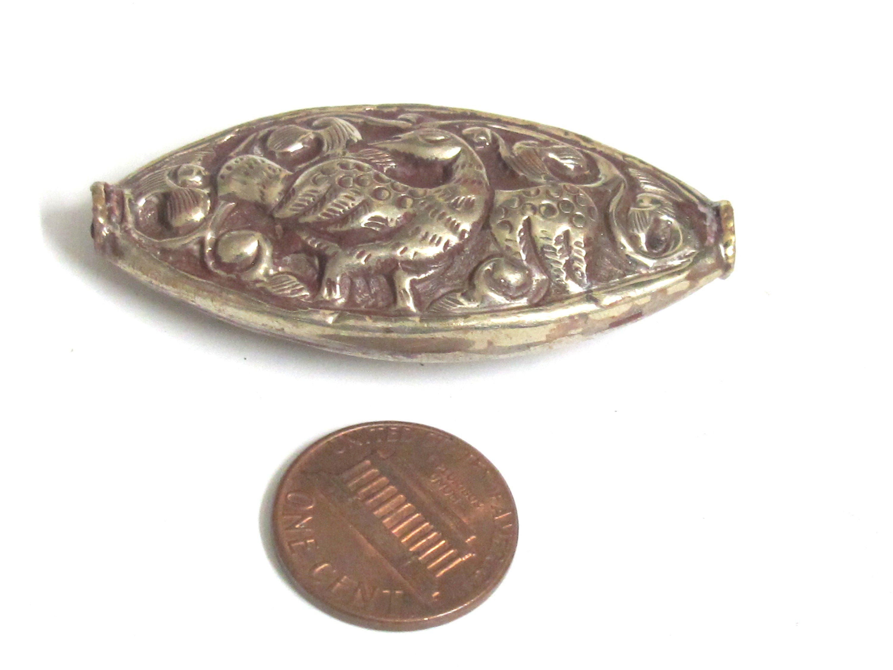 1 Bead - Dual sided large size Tibetan antiqued silver finish eagle phoenix bird carving repousse bead from Nepal - BD248K