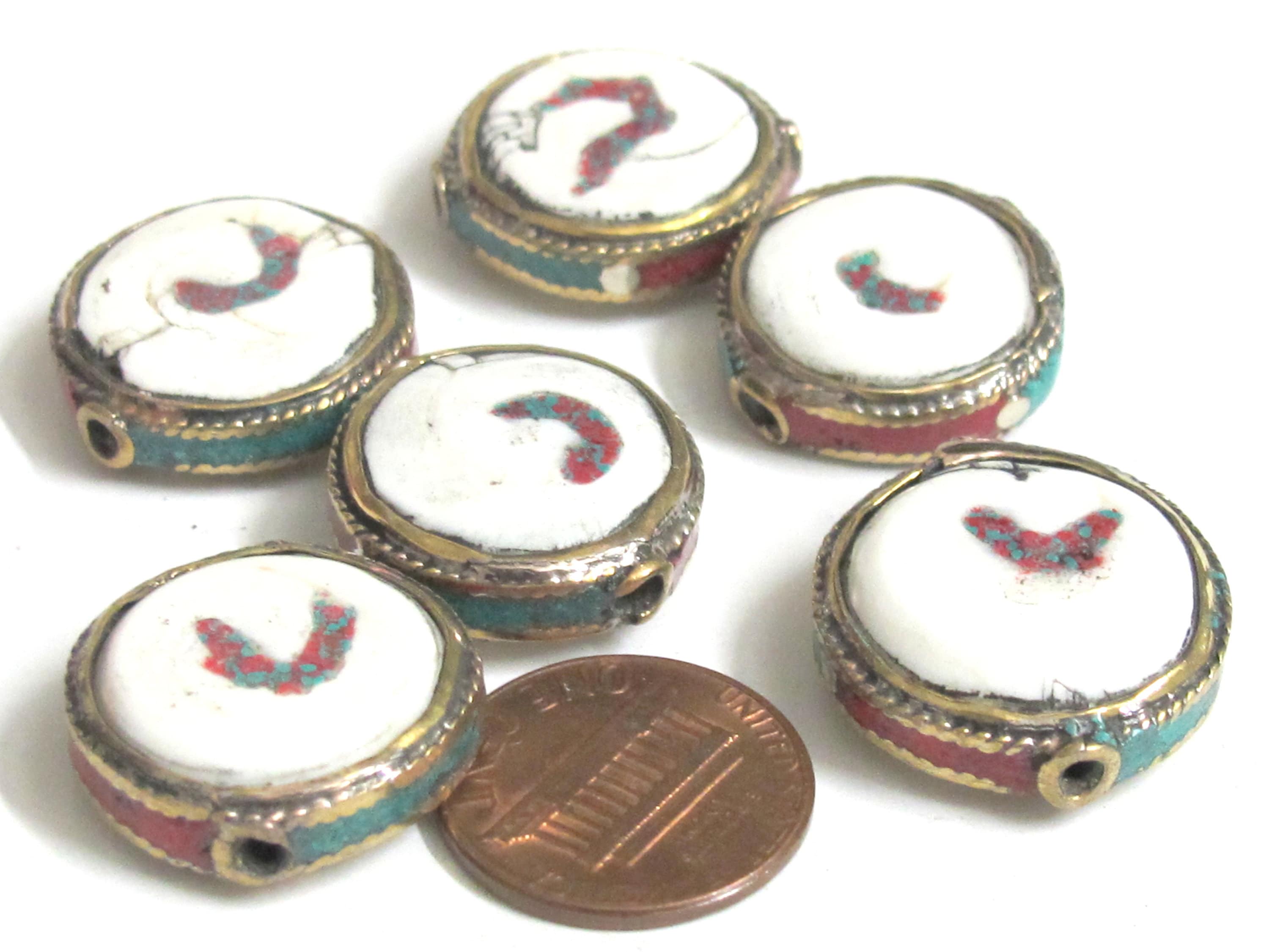 1 Bead - Round disc shape Tibetan brass encased tribal naga conch shell focal bead with turquoise inlay - CH075