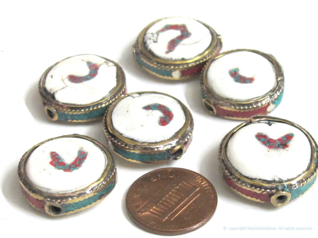 1 Bead - Round disc shape Tibetan brass encased tribal naga conch shell focal bead with turquoise inlay - CH075
