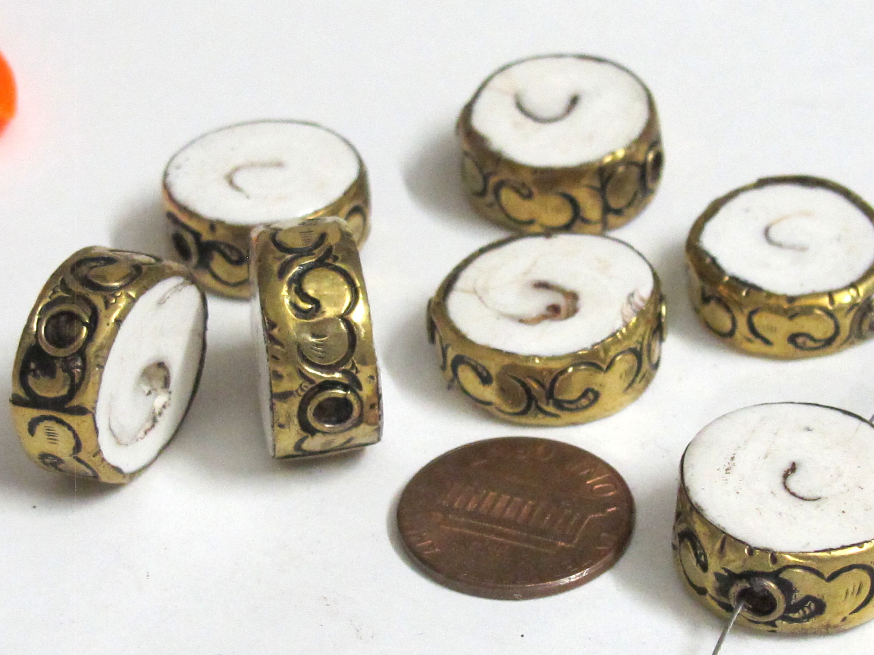 2 Beads- Round disc shape Tibetan brass encased tribal naga conch shell focal bead 18 -20 mm wide - CH076s