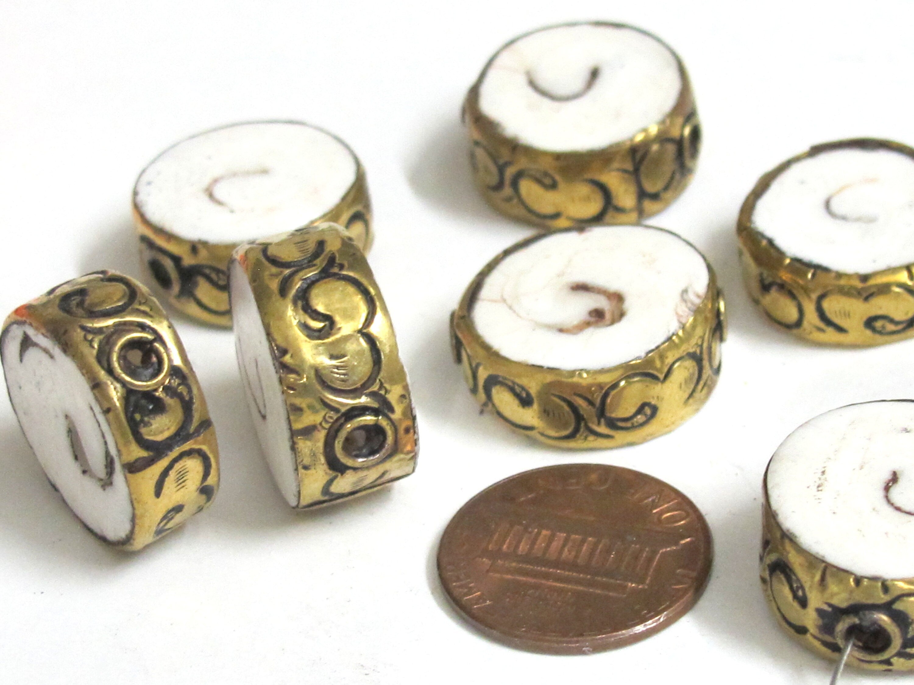 2 Beads- Round disc shape Tibetan brass encased tribal naga conch shell focal bead 18 -20 mm wide - CH076s