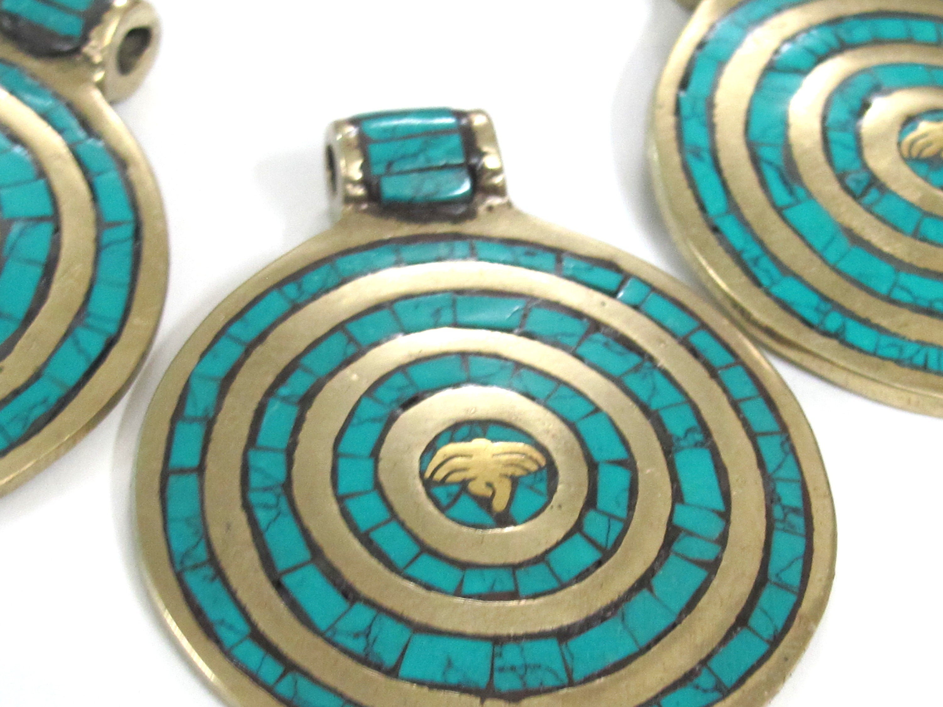1 Pendant - Large Tibetan brass pendant Buddha eye concentric circles design with turquoise inlay - PM274B