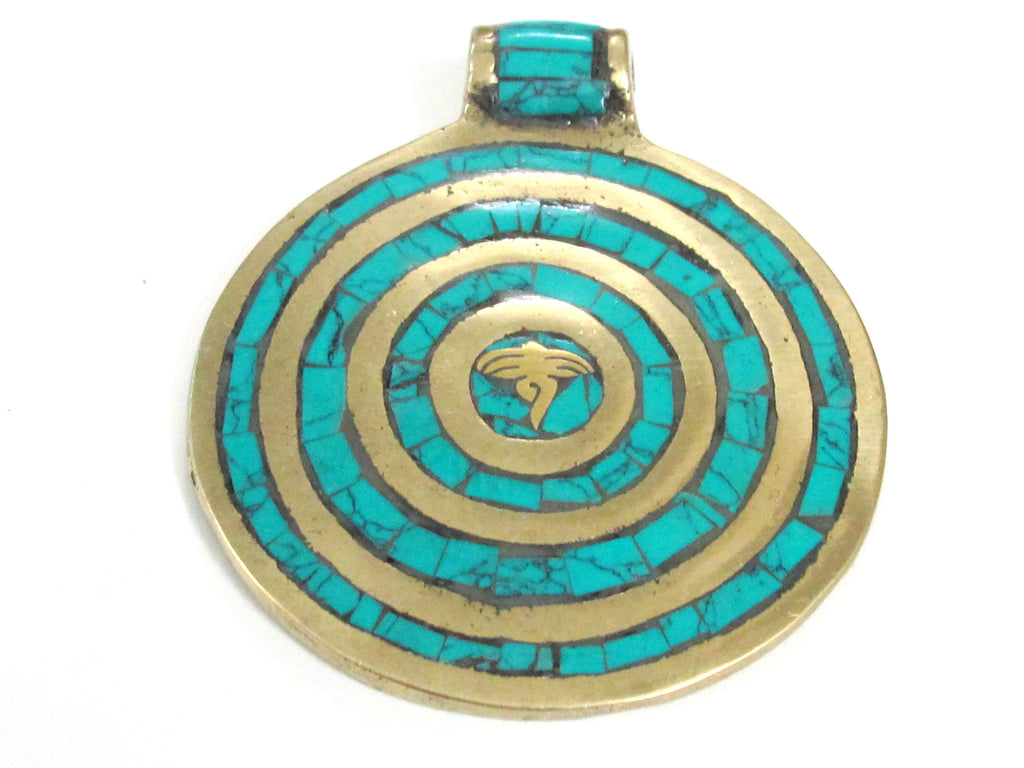 1 Pendant - Large Tibetan brass pendant Buddha eye concentric circles design with turquoise inlay - PM274B