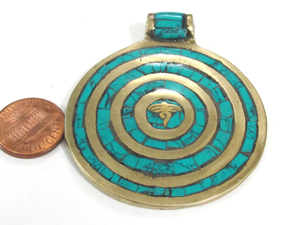 1 Pendant - Large Tibetan brass pendant Buddha eye concentric circles design with turquoise inlay - PM274B