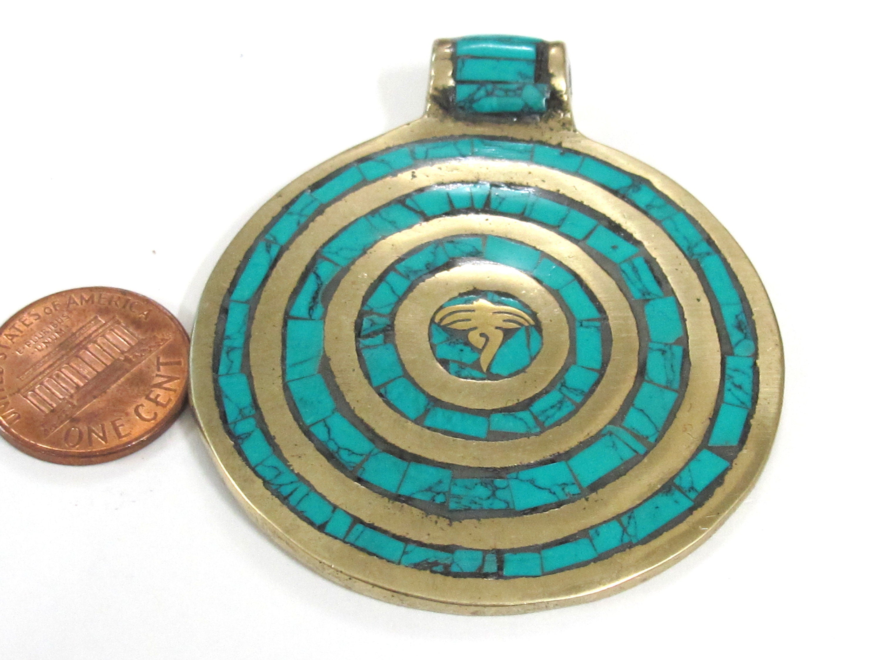1 Pendant - Large Tibetan brass pendant Buddha eye concentric circles design with turquoise inlay - PM274B