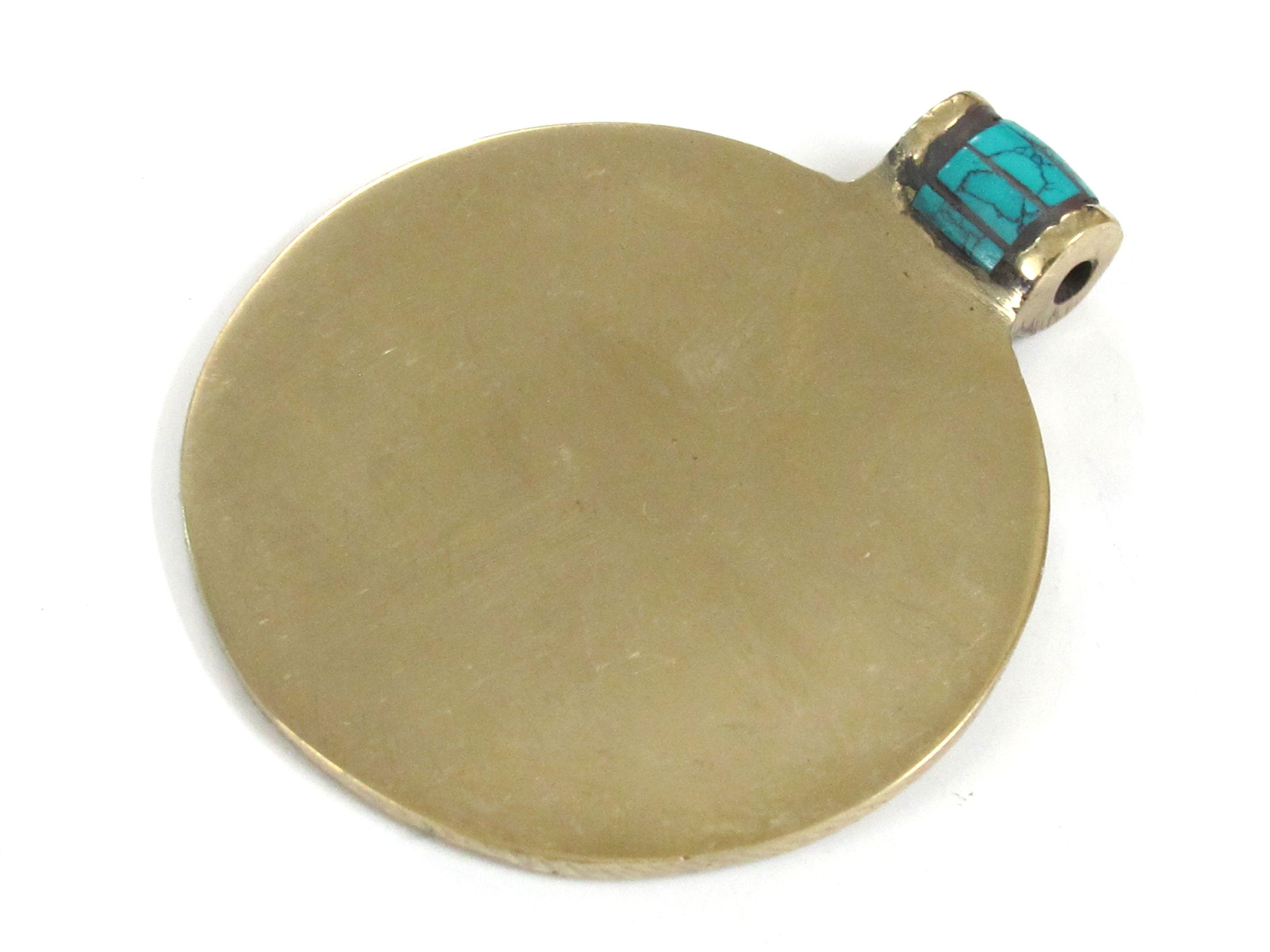 1 Pendant - Tibetan Kalachakra mantra spiral circles brass pendant with turquoise inlay - PM274A