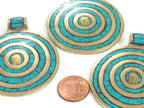 1 Pendant - Tibetan Kalachakra mantra spiral circles brass pendant with turquoise inlay - PM274A