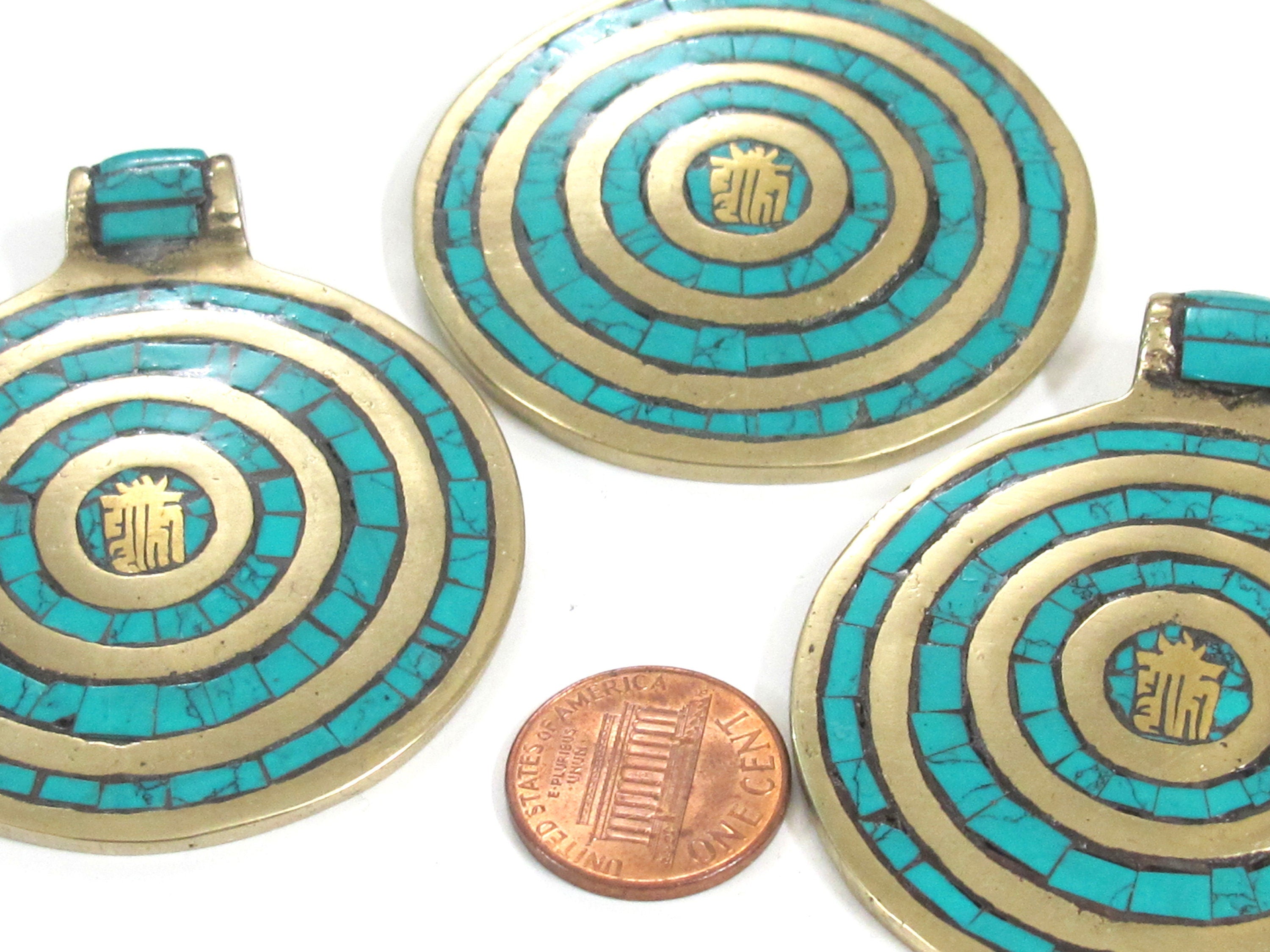 1 Pendant - Tibetan Kalachakra mantra spiral circles brass pendant with turquoise inlay - PM274A