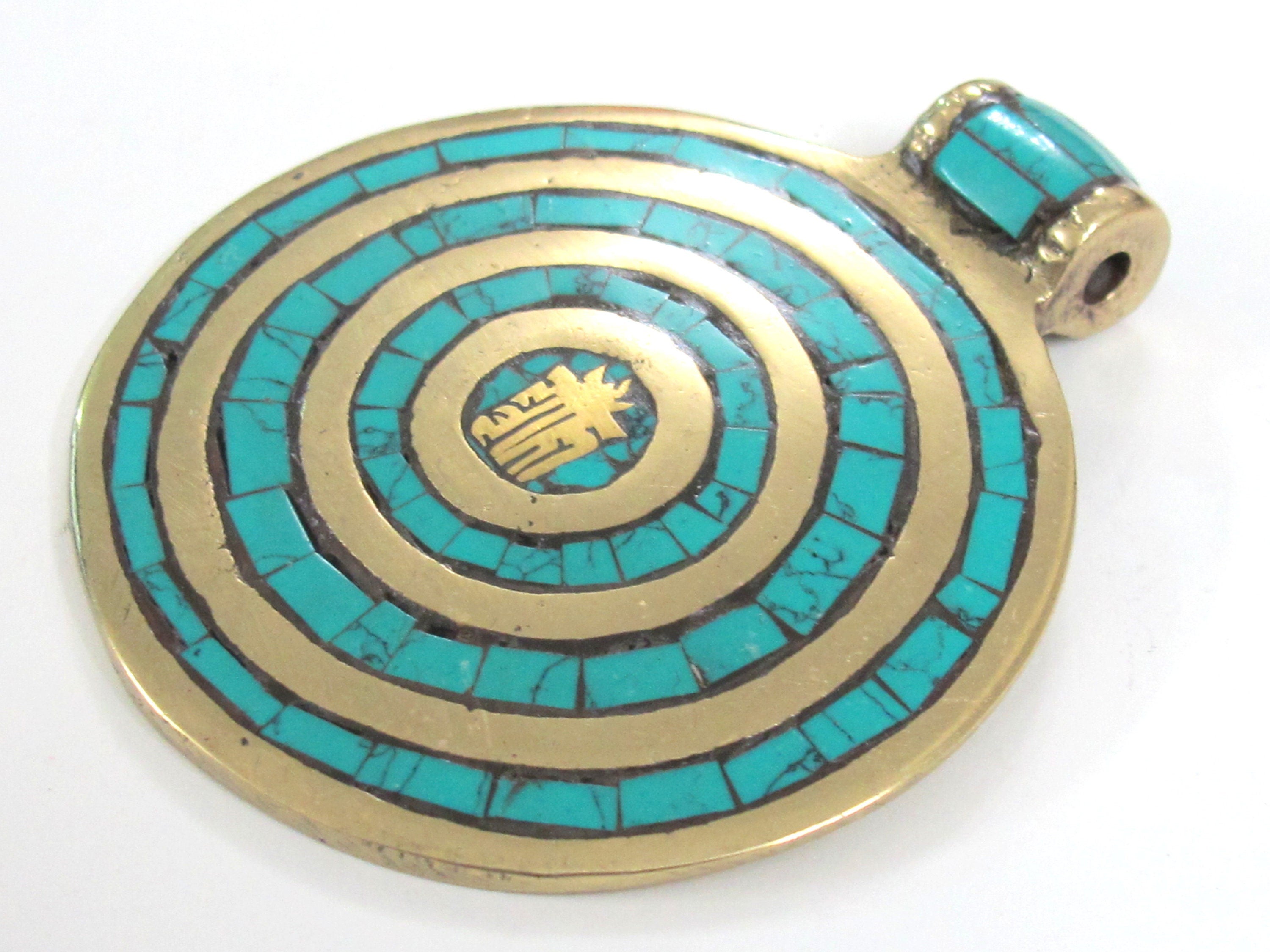 1 Pendant - Tibetan Kalachakra mantra spiral circles brass pendant with turquoise inlay - PM274A