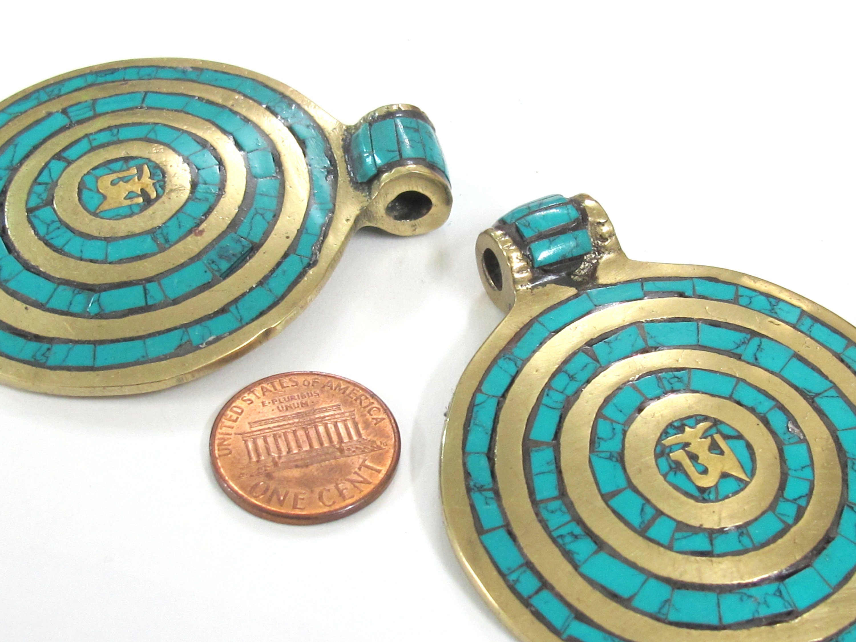 Large Round shape Tibetan Om spiral circles brass pendant with turquoise inlay - PM273A