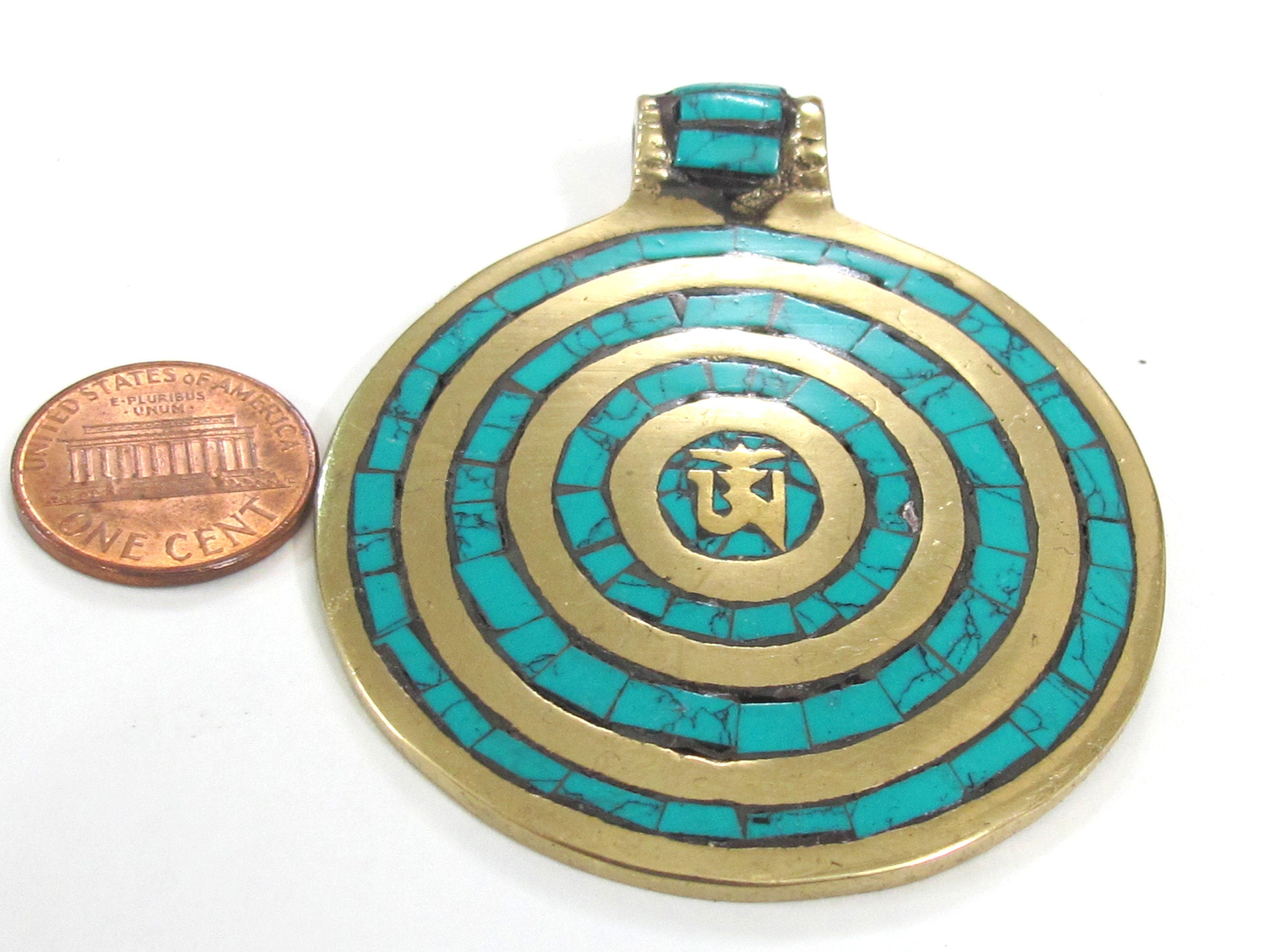 Large Round shape Tibetan Om spiral circles brass pendant with turquoise inlay - PM273A
