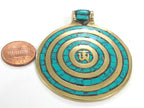 Large Round shape Tibetan Om spiral circles brass pendant with turquoise inlay - PM273A
