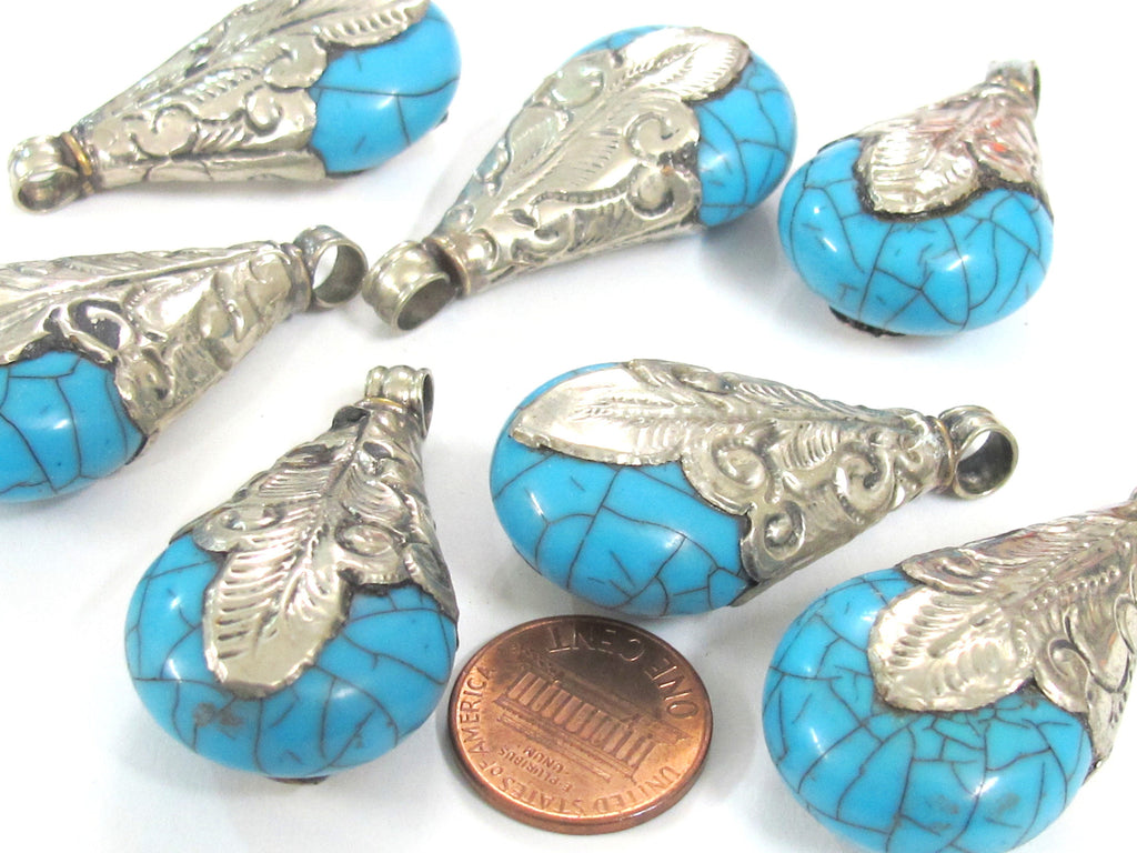 1 Pendant - Tibetan silver color capped teardrop shape blue crackle resin pendant from Nepal - PM316E