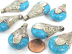 1 Pendant - Tibetan silver color capped teardrop shape blue crackle resin pendant from Nepal - PM316E