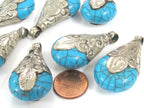 1 Pendant - Tibetan silver color capped teardrop shape blue crackle resin pendant from Nepal - PM316E