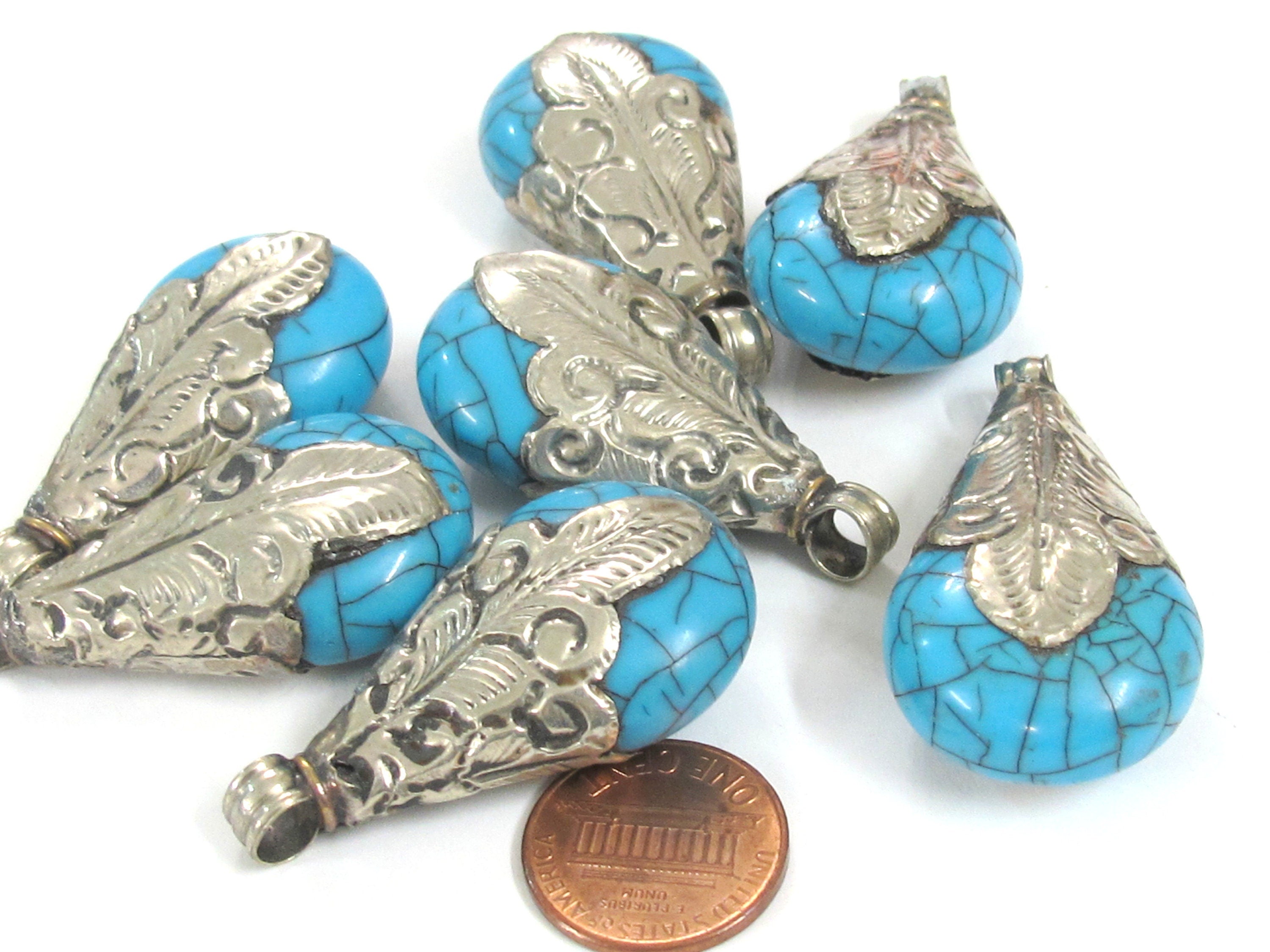 1 Pendant - Tibetan silver color capped teardrop shape blue crackle resin pendant from Nepal - PM316E