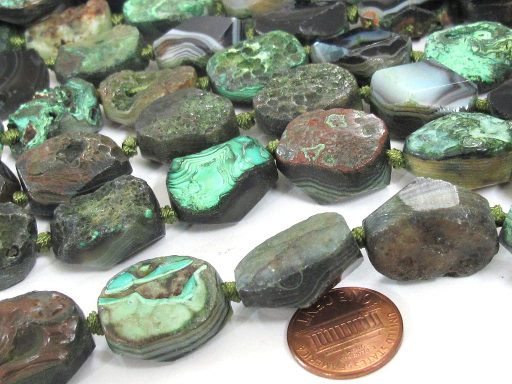 4 BEADS - Beautiful oval shape reversible Green color rough agate coin slab beads and facet cut smooth on reverse side - GM289K