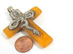 1 Pendant - Nepal Tibetan Cross Pendant, silver color Mix Floral Animal Design, yellow honey color resin Pendant, antiqued finish PM514P