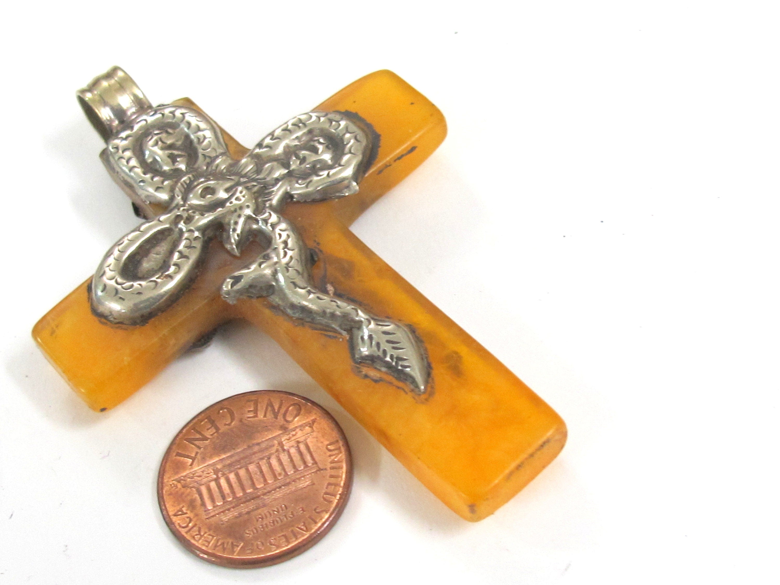 1 Pendant - Nepal Tibetan Cross Pendant, silver color Mix Floral Animal Design, yellow honey color resin Pendant, antiqued finish PM514P
