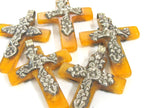 1 Pendant - Nepal Tibetan Cross Pendant, silver color Mix Floral Animal Design, yellow honey color resin Pendant, antiqued finish PM514P