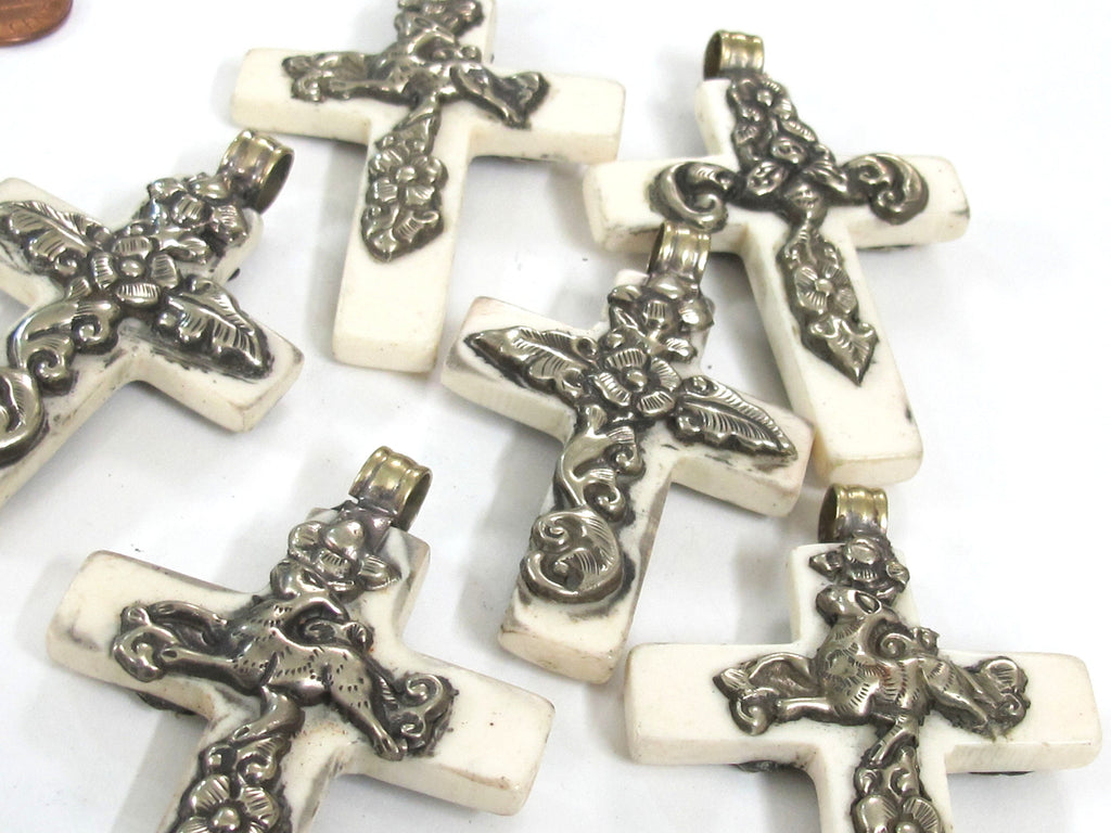 1 Pendant- Nepal Tibetan Cross Pendant, silver color Mix Floral Animal Design, Cream Resin Pendant, Nepalese Cross Charm PM514R