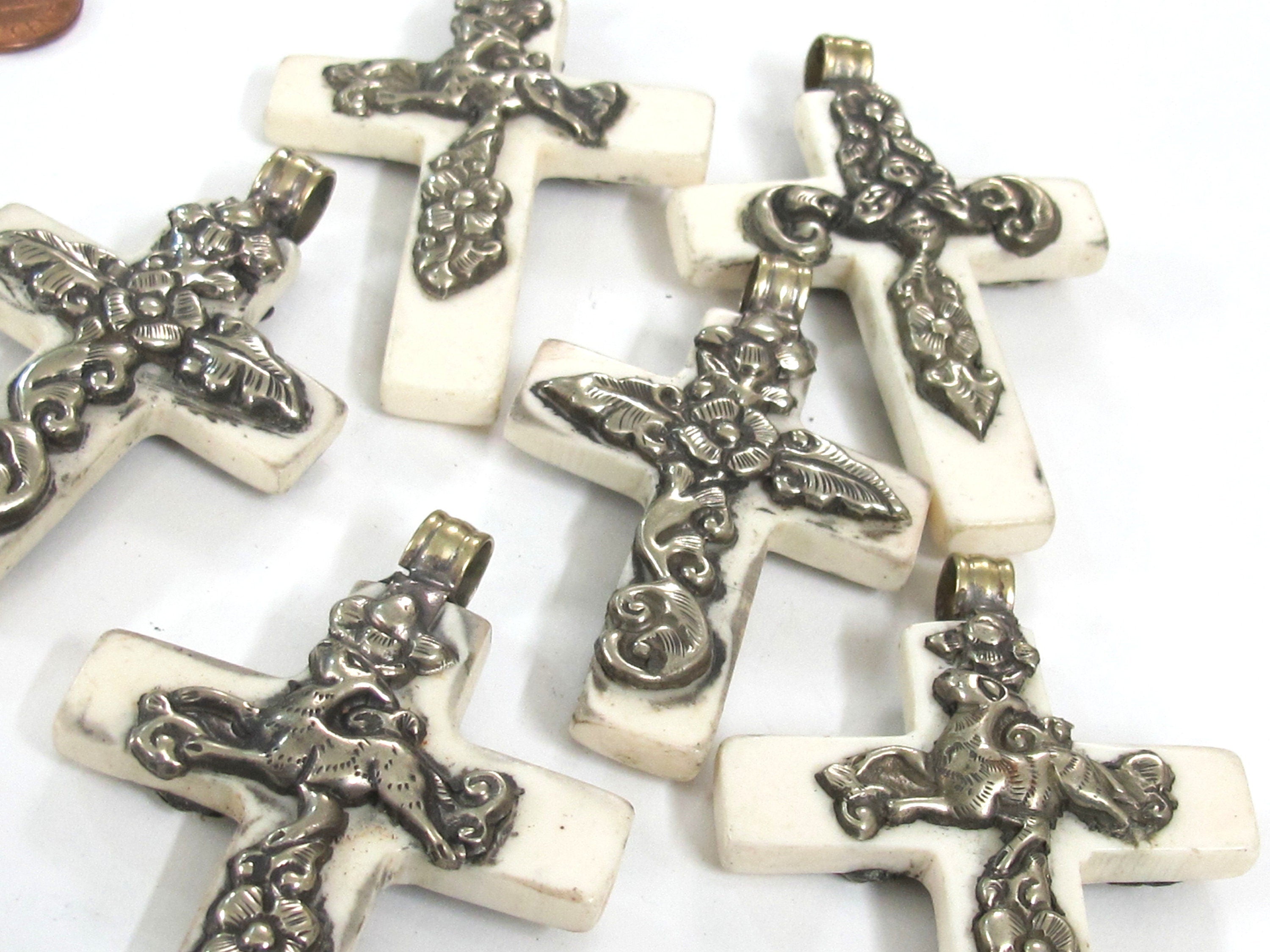 1 Pendant- Nepal Tibetan Cross Pendant, silver color Mix Floral Animal Design, Cream Resin Pendant, Nepalese Cross Charm PM514R
