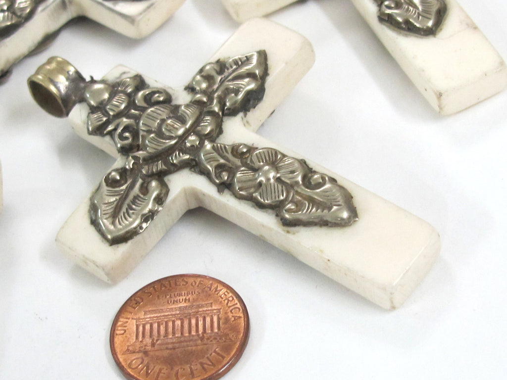 1 Pendant- Nepal Tibetan Cross Pendant, silver color Mix Floral Animal Design, Cream Resin Pendant, Nepalese Cross Charm PM514R