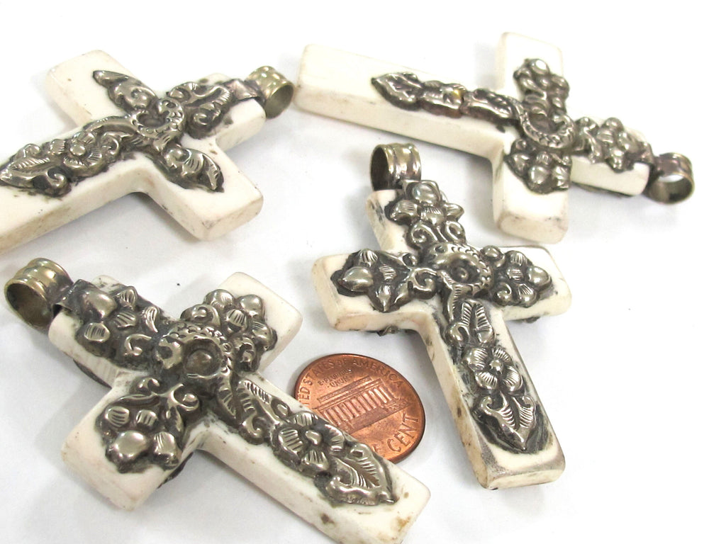 1 Pendant- Nepal Tibetan Cross Pendant, silver color Mix Floral Animal Design, Cream Resin Pendant, Nepalese Cross Charm PM514R