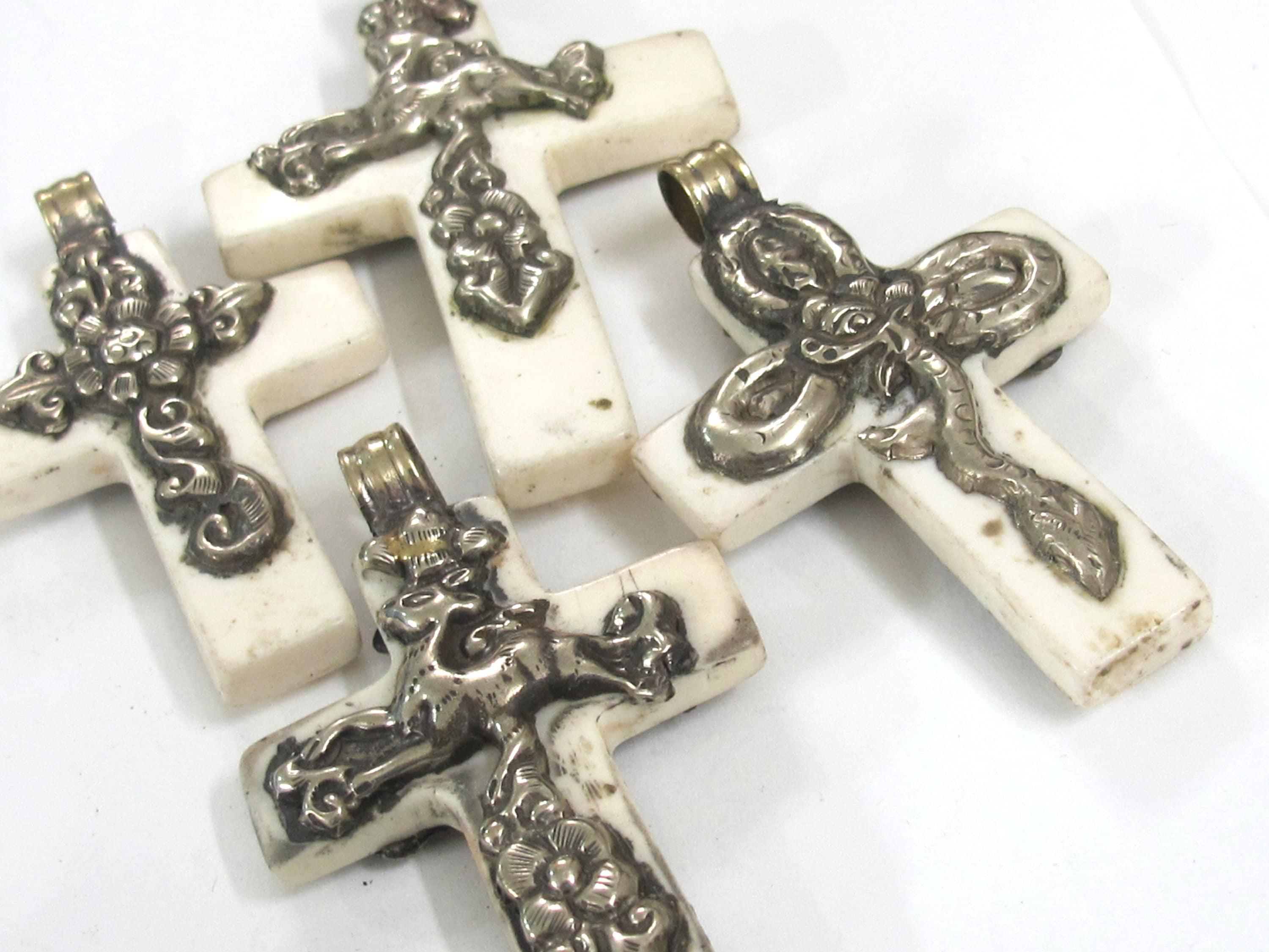 1 Pendant- Nepal Tibetan Cross Pendant, silver color Mix Floral Animal Design, Cream Resin Pendant, Nepalese Cross Charm PM514R